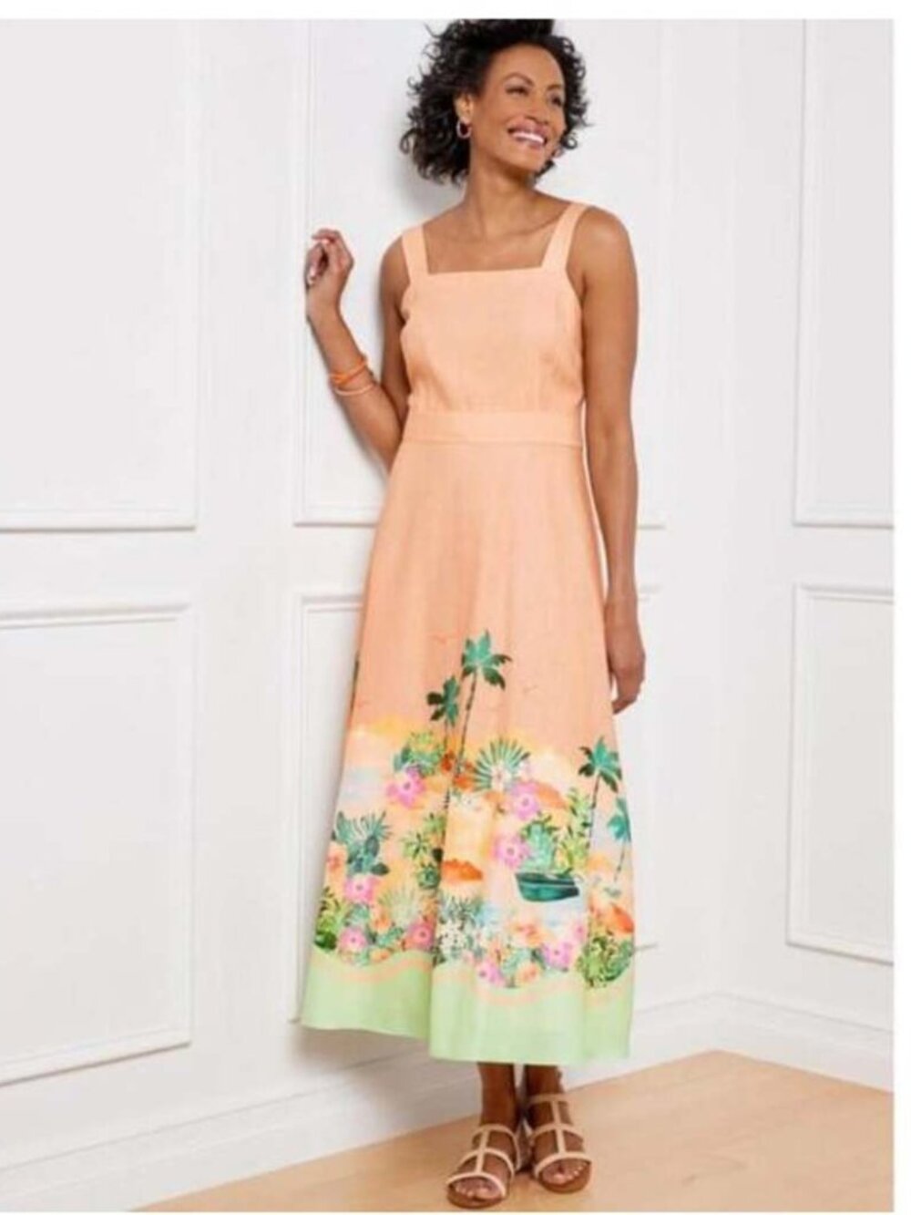 Talbots Linen Cotton Tropical Print Midi Dress Size 16